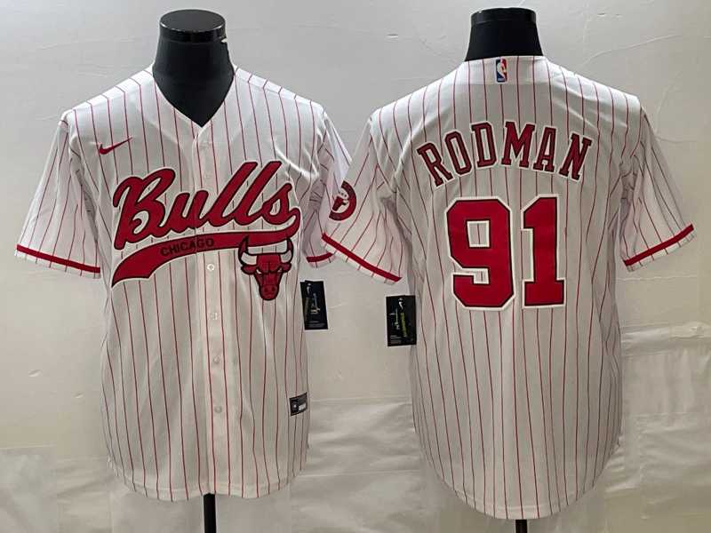 Mens Chicago Bulls #91 Dennis Rodman White Pinstripe Cool Base Stitched Baseball Jersey